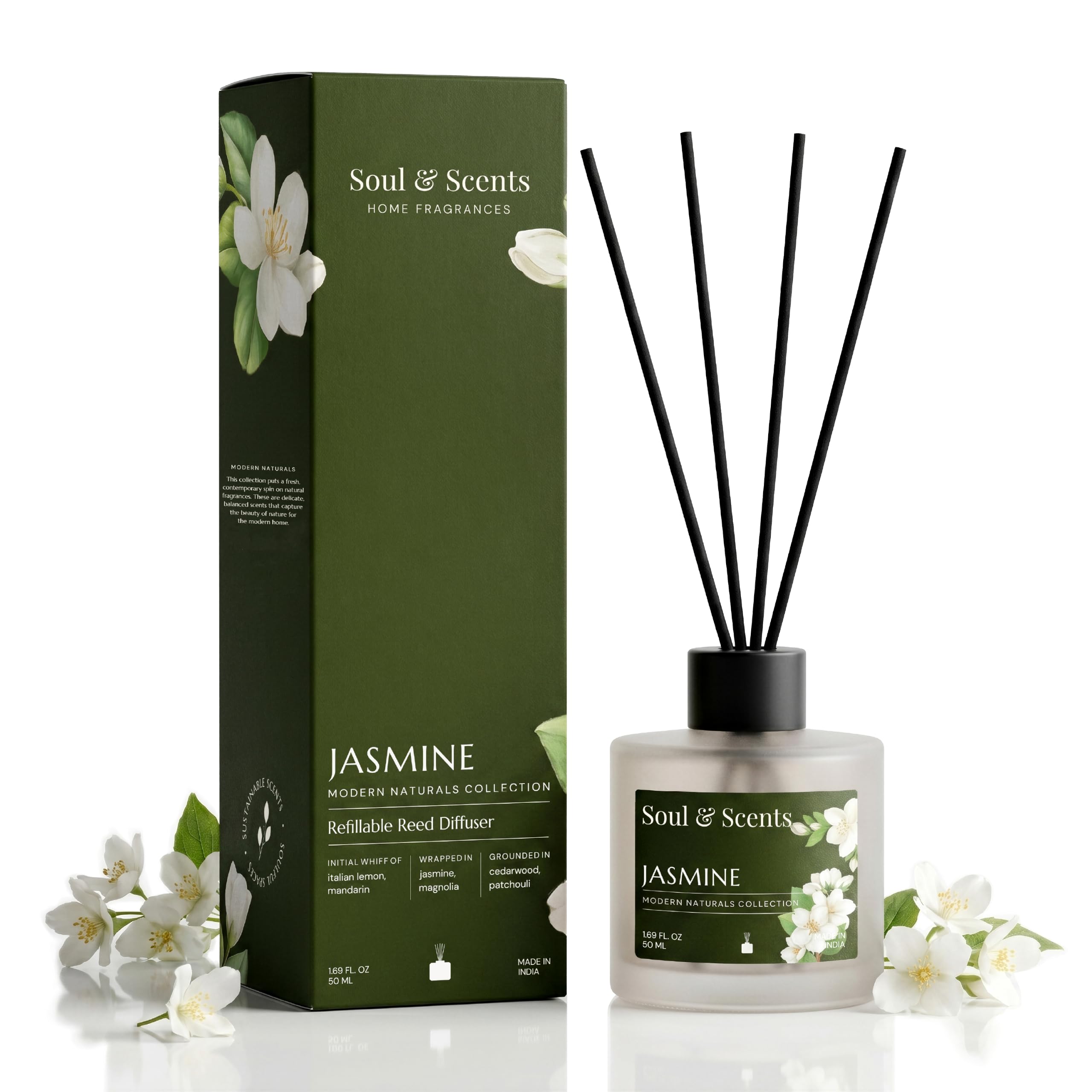 Soul & Scents 50ml Jasmine Reed Diffuser Set | Essence of Orris and Patchouli | Get 5 Rattan Reed Sticks | Smoke Less Room Freshener for Home, Bedroom, Living Room & Office