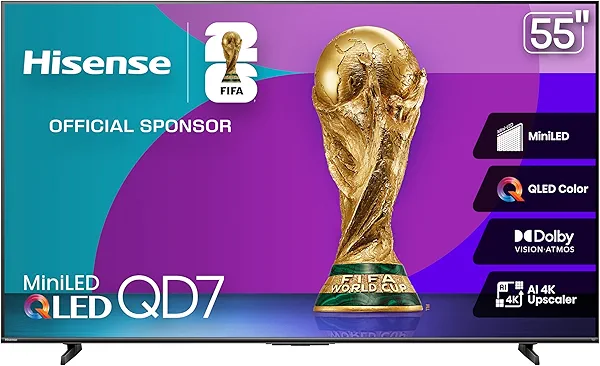 Hisense 55" Class QD7 Series Mini-LED 4K UHD Smart Fire TV (55QD7QF, 2025 Model) - QLED, HDR10+, Dolby Vision, Dolby Atmos, Game Mode Plus, ALLM, Alexa Built in with Voice Remote, Streaming TV, Black