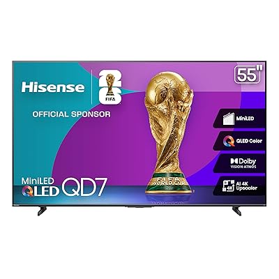 Hisense 55" Class QD7 Series Mini-LED 4K UHD Smart Fire TV (55QD7QF, 2025 Model) - QLED, HDR10+, Dolby Vision, Dolby Atmos, Game Mode Plus, ALLM, Alexa Built in with Voice Remote, Streaming TV, Black