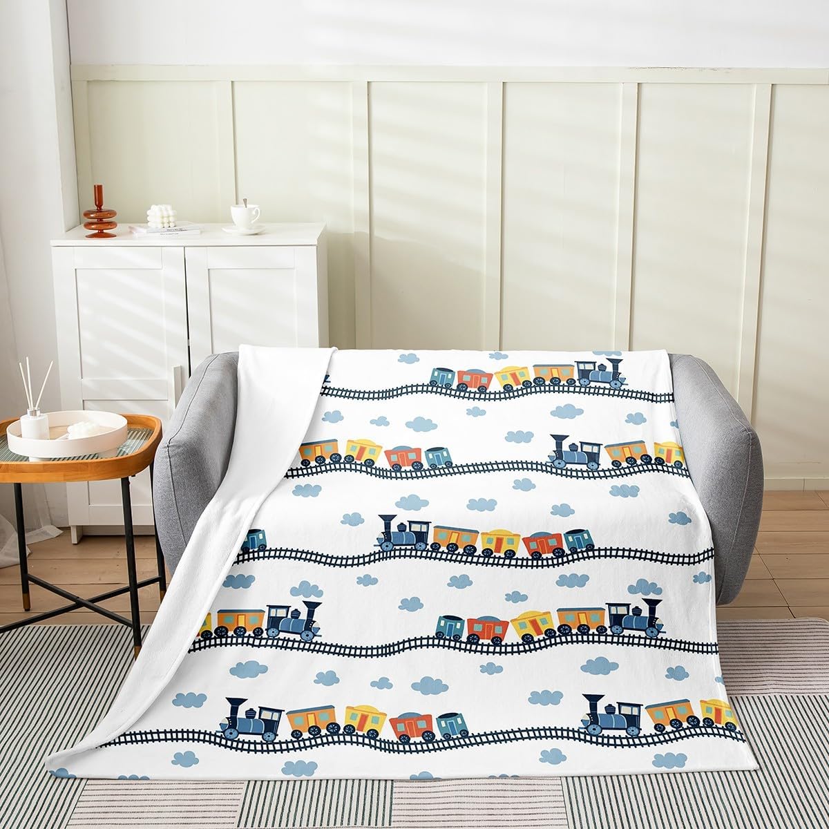 Erosebridal Train Fuzzy Blanket, Cartoon Smoking Engine Throw Blanket for Kids Boys, Construction Vehicles Fleece Blanket for Bed Sofa Couch, Railway Rail Ripple Plush Bed Blanket, 40"X50" - Image 2