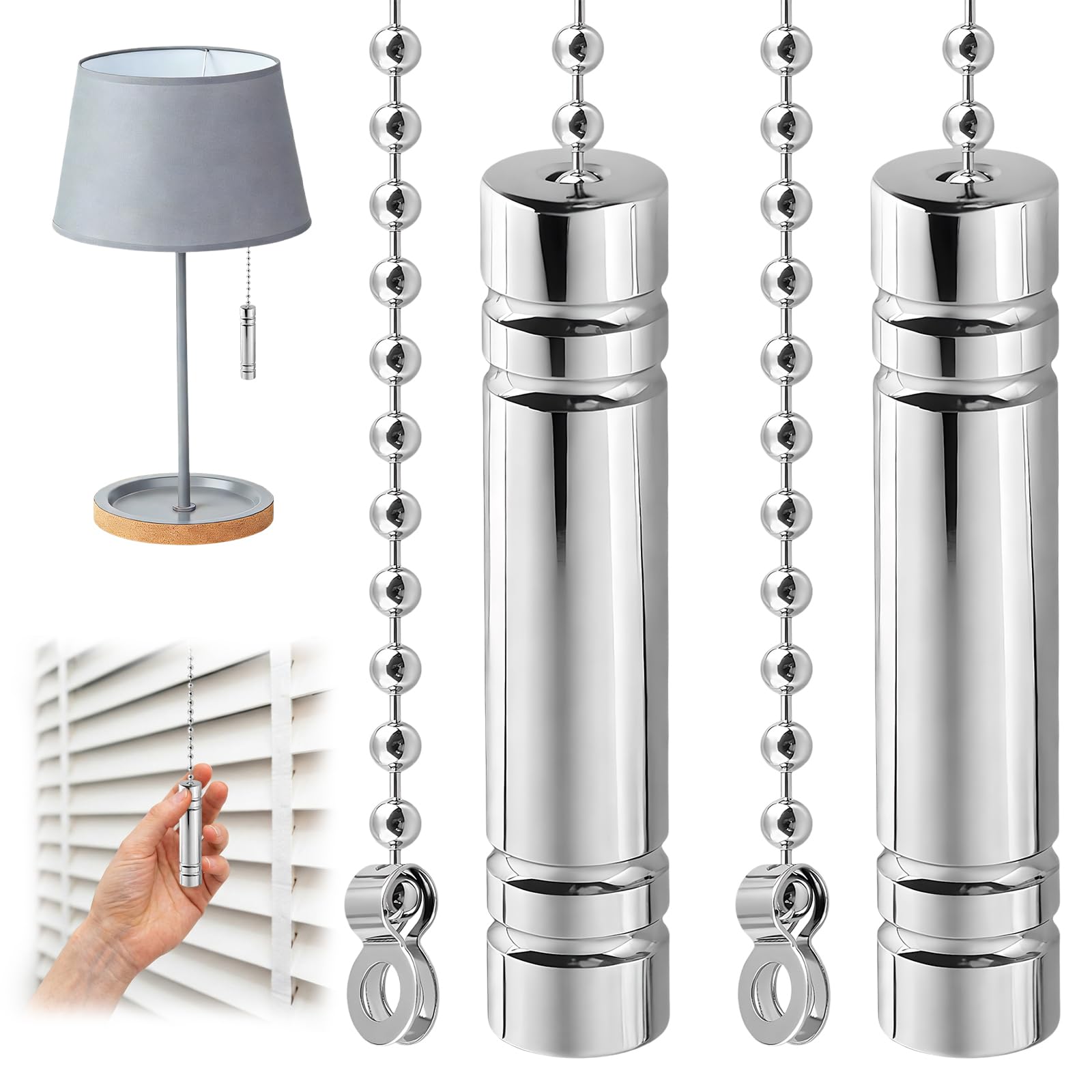 MADGININE 2 Pcs Bathroom Light Pull Cord Handle with 100cm Chrome Bead Chain, Cord Pulls String Replacement for Bathroom Toilet Ceiling Lights Fans Blinds (Silver)