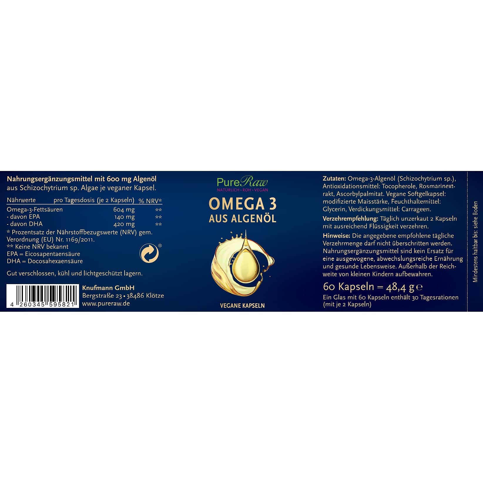 Algenöl Omega 3 Kapseln Vegan Pflanzlich - Algen Öl Essentielle Fettsäuren 604mg Omega3 pro Tag, 140mg EPA, 420mg DHA - Rein & Kontrolliert - Algae Oil Capsules | PureRaw 60 Kapseln
