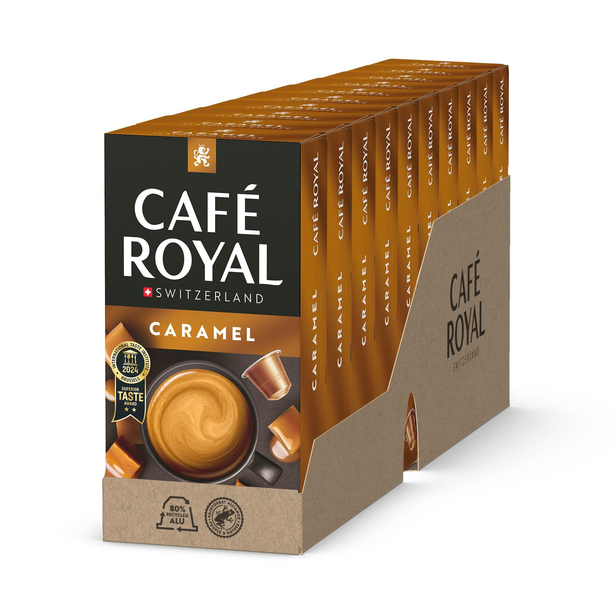 Café Royal Caramel Flavoured Edition Nespresso (R)* 100 cápsulas de café de aluminio compatibles, resistencia 4/10, paquetes de 10x10
