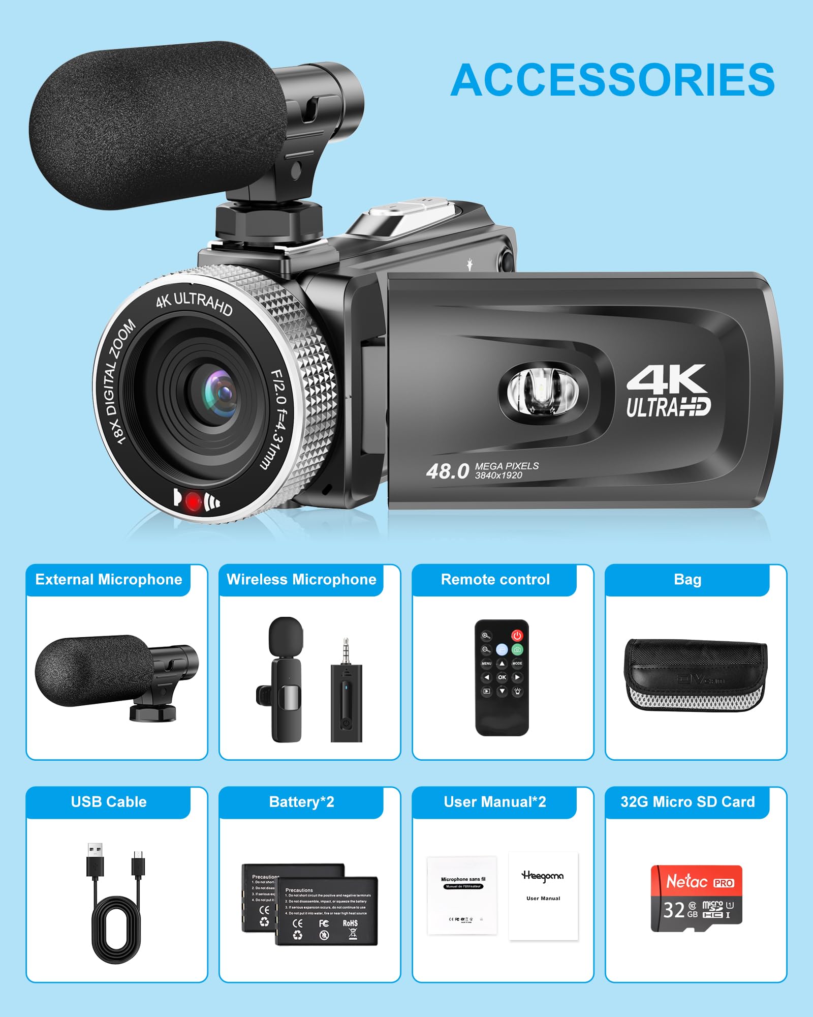 Videocamera 4K 48MP 60FPS UHD per YouTube Vlogging Zoom digitale 18X 3" IPS 270° Flip Screen Videocamera con microfono Lavalier wireless, scheda SD da 32 GB, 2 batterie e telecomando