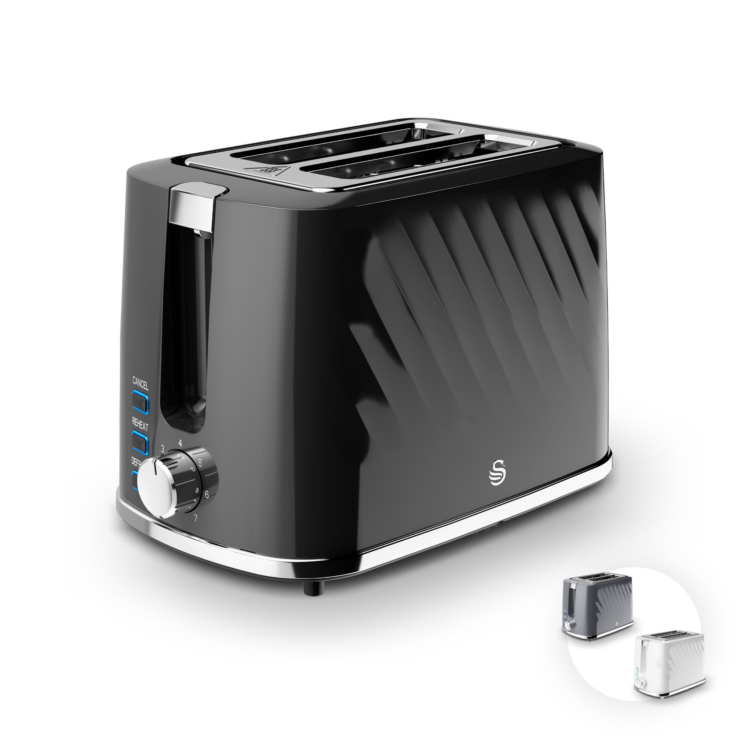 Swan Windsor 2 Slice Toaster with 7 Browning Levels, Defrost/Reheat/Cancel Functions, Self-Centring Functions and Removable Crumb Tray, 900W, Black, ST14071BLK