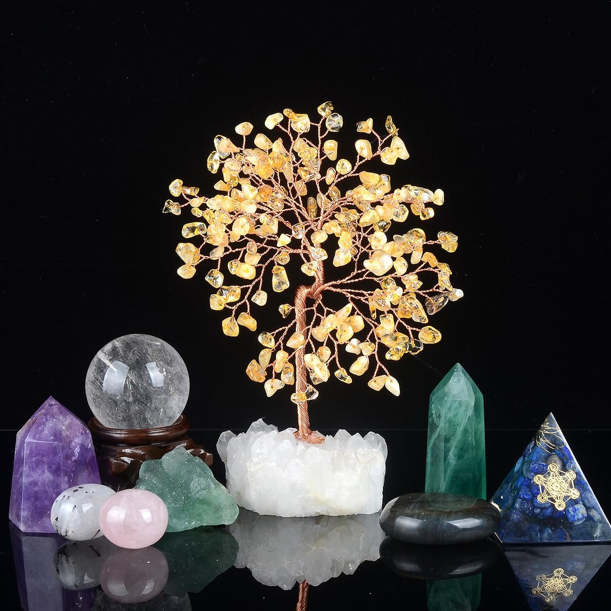Natural Citrine Gemstone Crystal Tree of Life,Clear Quartz Cluster Base,Bonsai Money Tree Feng Shui Home Decor,Healing Crystals Positive Energy Gift for Luck and Wealth 5.5"-6.3" - Image 5