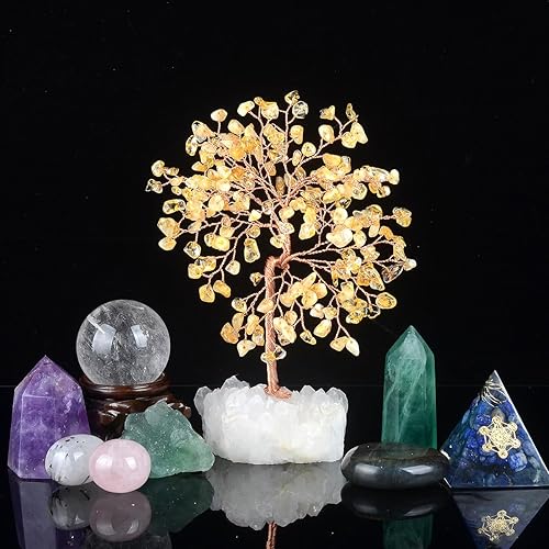 Miniatura 5 de Árbol de la vida con piedras preciosas de citrino natural, base de racimo de cuarzo transparente, árbol de dinero bonsái Feng Shui, decoración del