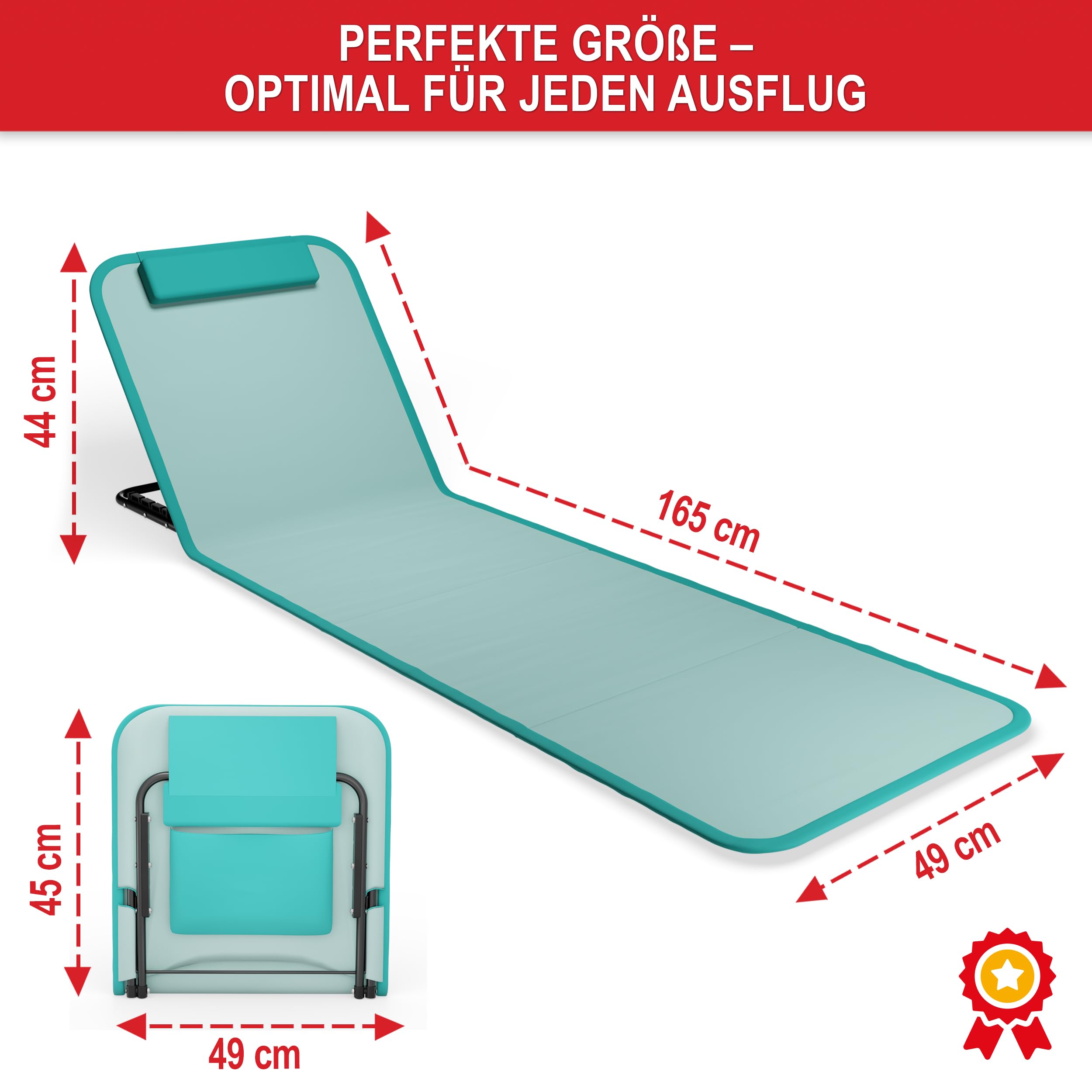 Onbest Bequeme Strandliege 165 cm lang - mit Verstellbarer Rückenlehne und Liegekissen – praktisches Staufach – Strandmatte klappbar – Leichter Transport – inkl. Tragetasche - Strandmatte (Türkis)