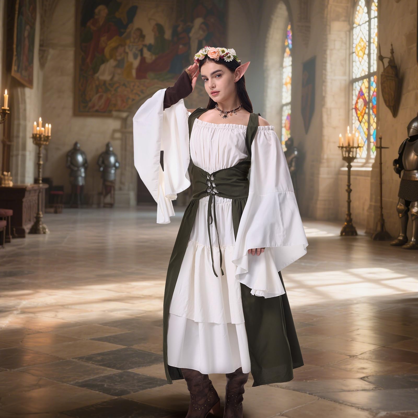 Skknuny Renaissance Dress Women Medieval Costume Ren Faire Outfit with Flower Crown Necklace Gloves for Halloween Elf Cosplay (M) - Image 4