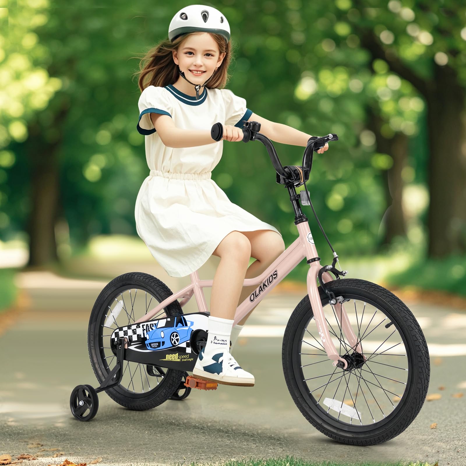 Olakids Kids Bike, 12 14 16 18 Inch Toddlers Bike with Training Wheels Safety Bell Adjustable Seat and Handlebar Handbrake and Coaster Brake, Children's Bicycle for Boys Girls (18 Inch, Pink)