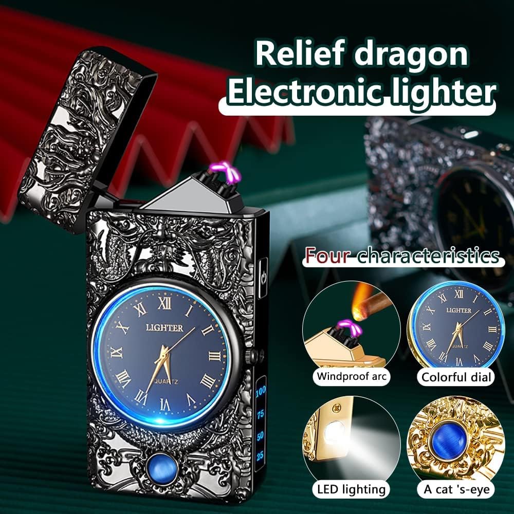 GADATOP Drache Elektro-Bogenfeuerzeug – USB-ladbar, Winddicht, Mit Uhren-Design & LED, Für Outdoor