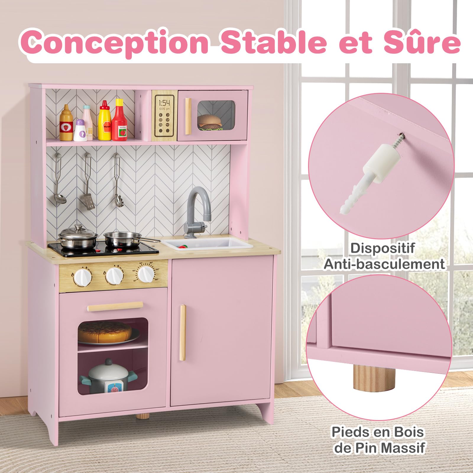 DREAMADE Cuisine Enfants en Bois, Jouets de Cuisine pour Enfants avec Micro-Ondes, Four et Évier, Pieds et Poignées, Mini Cuisine avec Sons et Lumières, Idéale pour Les Enfants de 3+ Ans (Rose)