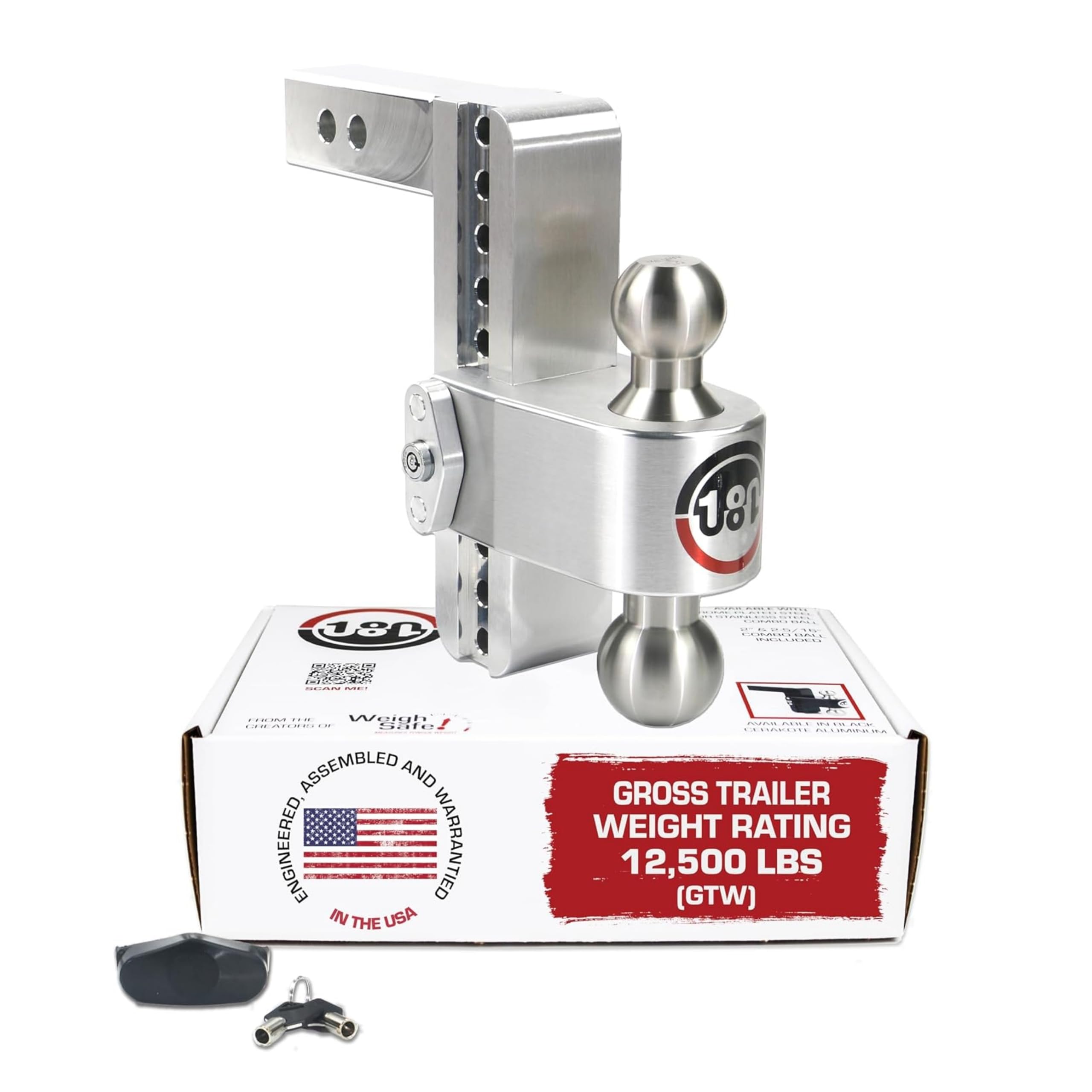 Weigh Safe Adjustable Trailer Hitch Ball Mount - 8" Adjustable Drop Hitch for 2" Receiver - Premium Heavy Duty Aluminum Trailer Tow Hitch w/Stainless Steel Tow Balls (2" & 2 5/16") - 12,500 lbs GTW