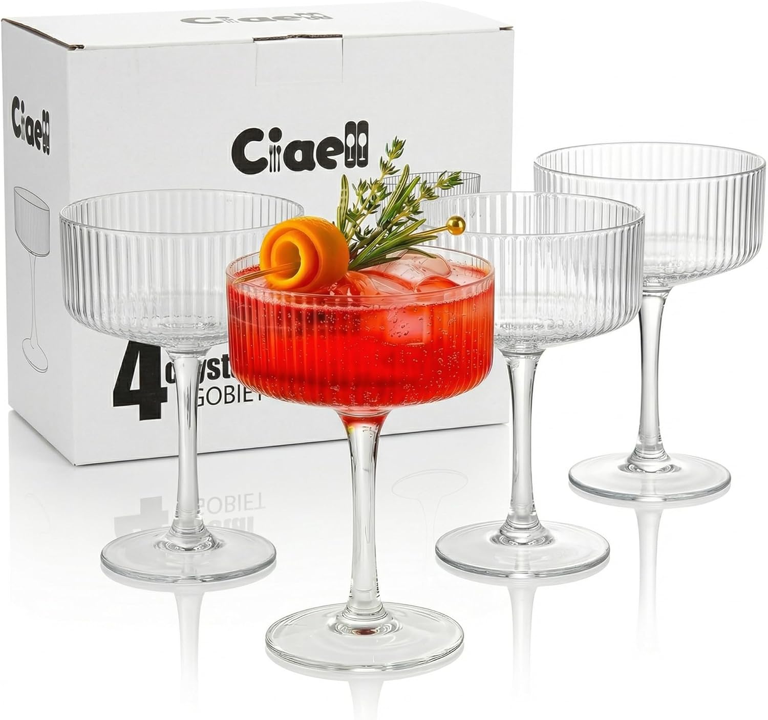 Ciaell Ribbed Coupe Glasses set of 4 - Vintage Cocktail Coupe Glasses - 10 oz Classic Martini Glass - Bar Drinking Glass Set Prefer for Cocktail, Espresso, Wine, Party & Gift