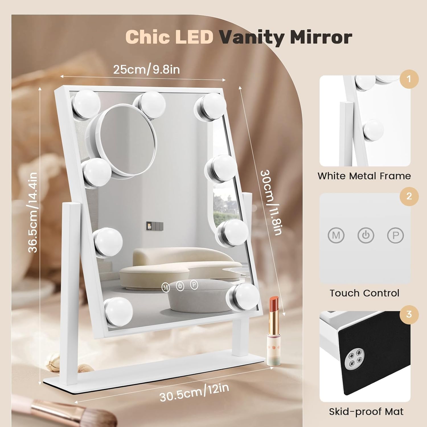 Specchio di trucco hollywoodiano con 9 lampadine LED, 3 modalità di illuminazione, schermo tattile, rotazione di 360 gradi