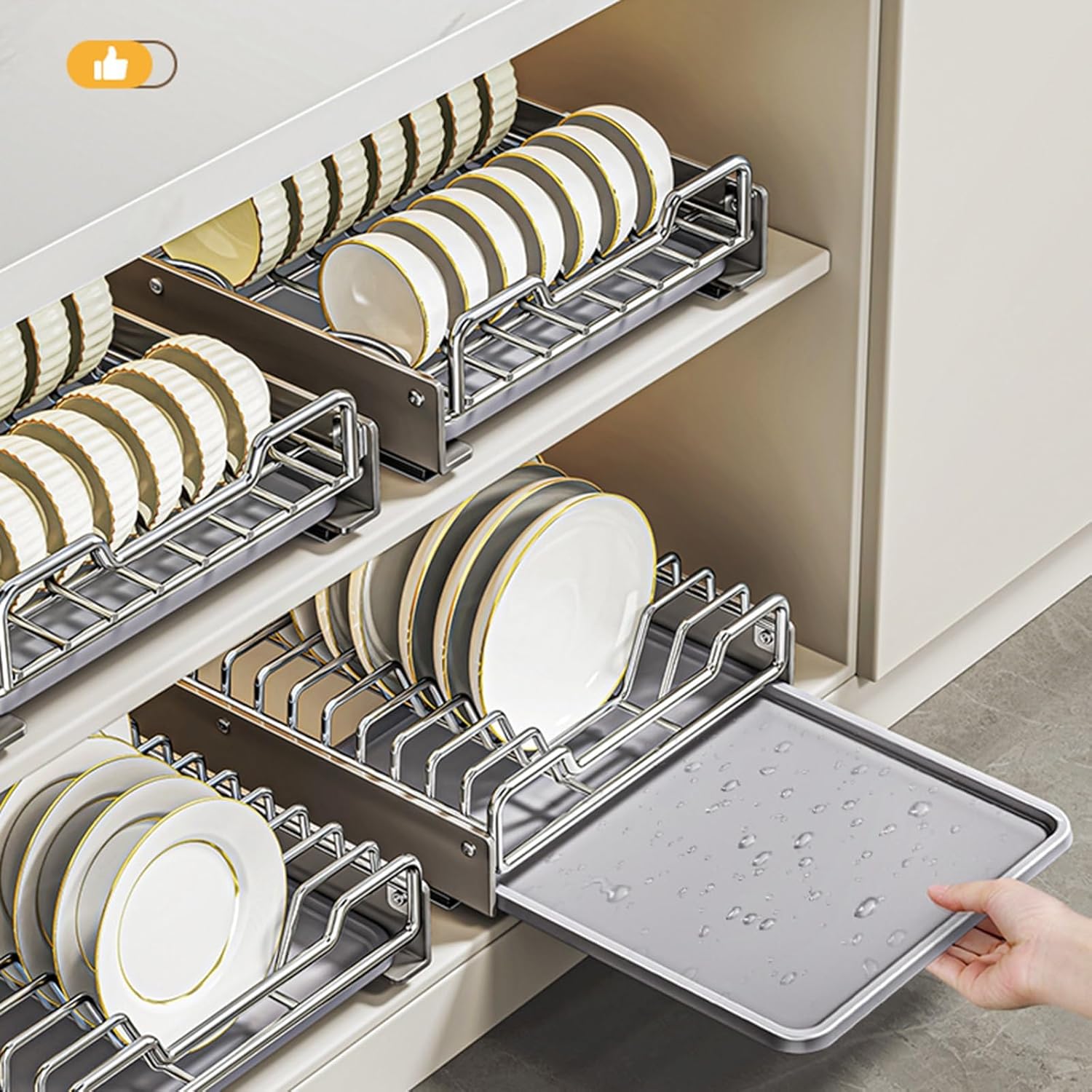 Stainless Steel Bowl Rack, Pull Out Cabinet Organizer with Water Catch Tray, No Punch Drawer Organizer