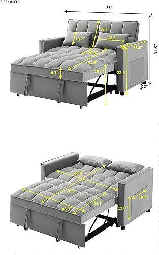 Miniatura 2 de Sofá cama biplaza de terciopelo convertible y moderno con cama desplegable respaldo ajustable y 2 almohadas lumbares para espacios pequeños gris