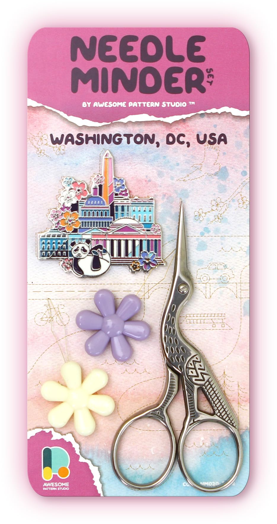 Awesome Pattern Studio Needle Minder Set – Washington Magnetic Needle Minder + 2 Needle Threaders + Crane Scissors. Enamel Pin for Cross Stitch, Embroidery and Craft