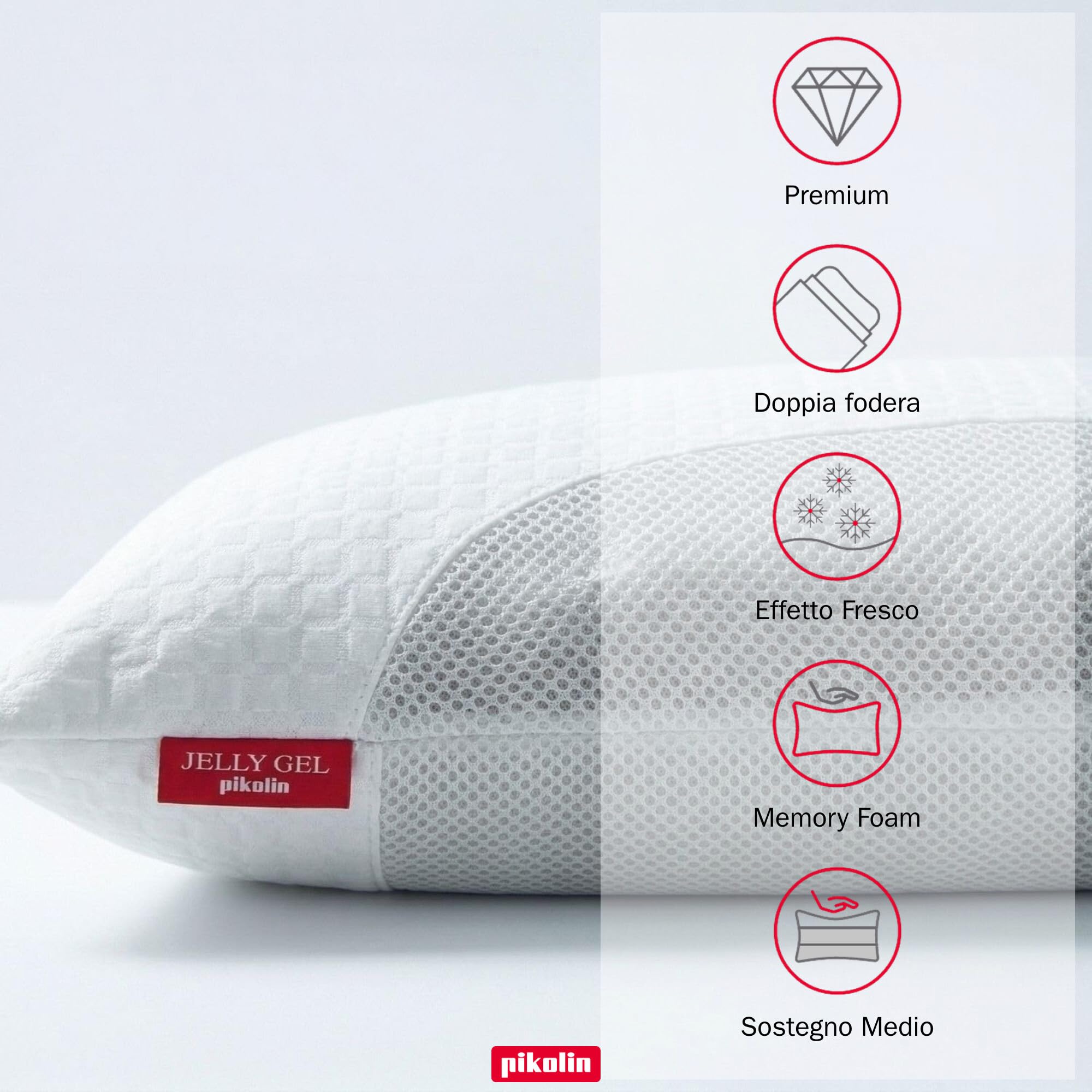 PIKOLIN - Cuscino Memory Foam Cervicale 90 cm con Memory Gel Premium JellyGe l- Effetto Fresco, Sostegno Medio, Ergonomico Cervicale, Traspirante e Ipoallergenico