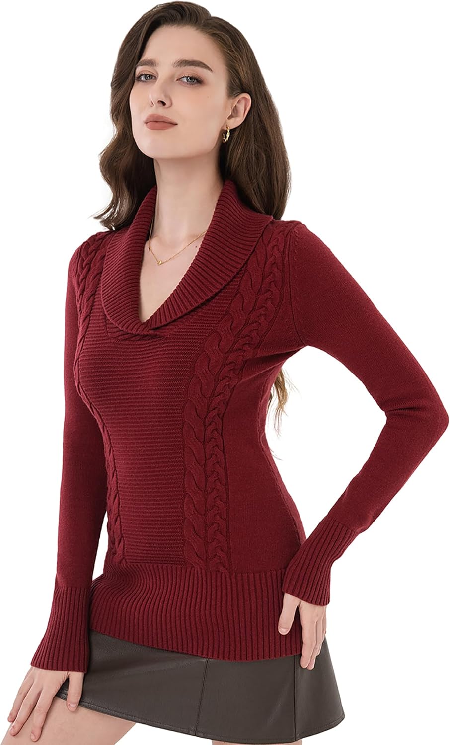 AmélieBoutik Women Shawl Collar V Neck Ribbed Knit Long Sleeve Tunic Sweater - Image 2