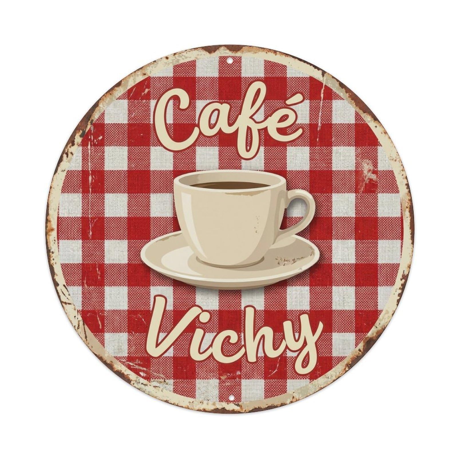 Gingham Picnic Tavern Cafe Metal Tin Sign Plaque Wall Decor for Cafe, Club, Garden Round Metal Poster 8x8Inch
