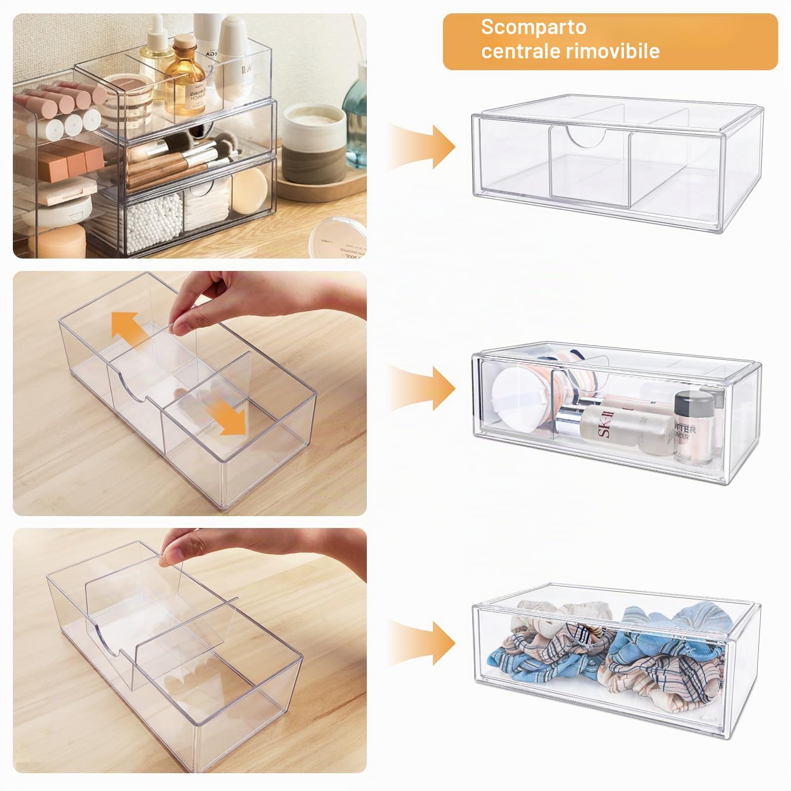 Mini organizer da bagno con cassetti, in acrilico, impilabile, trasparente, per comò, lavabo, bagno, armadietto a specchio interno