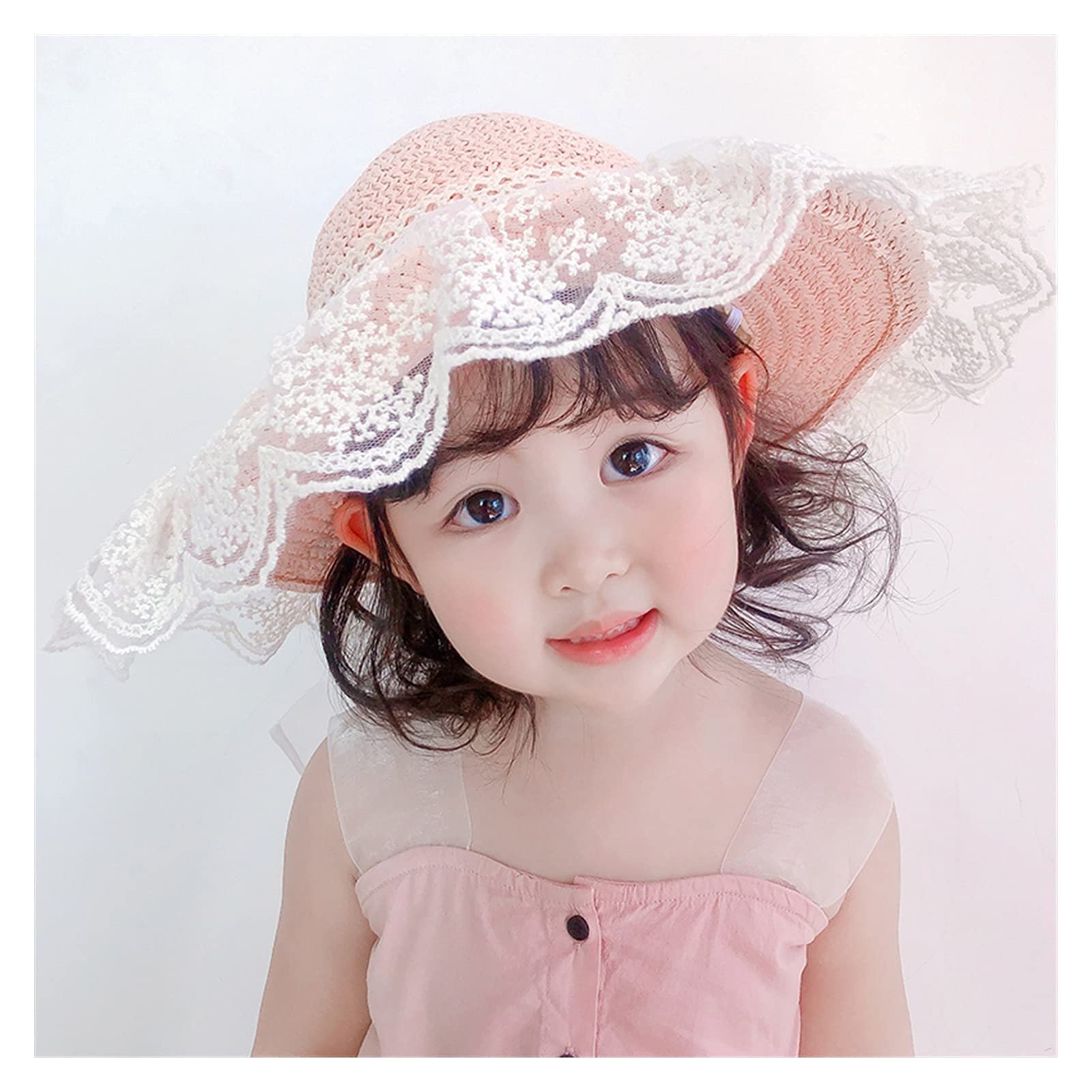 Sombrero de Verano para niños, Ventilador literario, Sombrero de Paja de Encaje para niñas, Sombrero de Paja Transpirable de Verano con Lazo Grande para bebés (Rosa M 2 6Y)