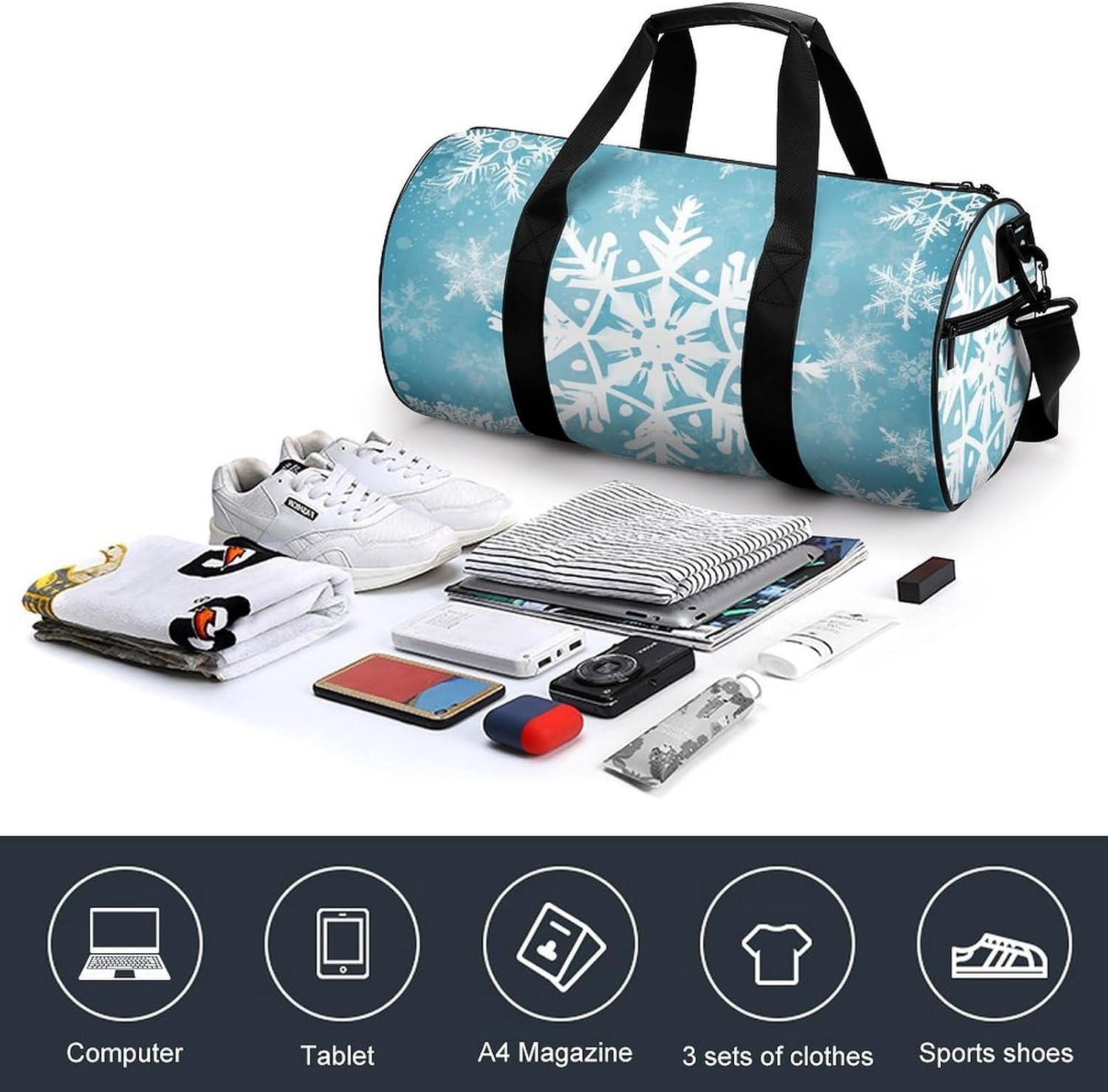 Winter Snowflake Gym Bag Hand-held Fitness Bags Cylindrical Fitness Bag with Shoe Large Compartment Duffle Bags for Travel Sports Unisex image 4