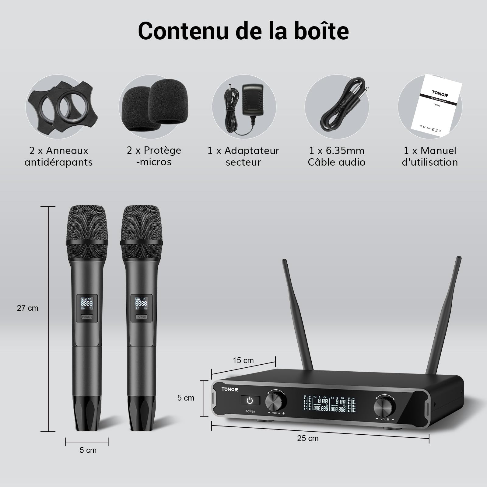 TONOR Microphone sans Fil Dynamique TW450, Système Karaoké avec Récepteur, 2x5 UHF, 60M
