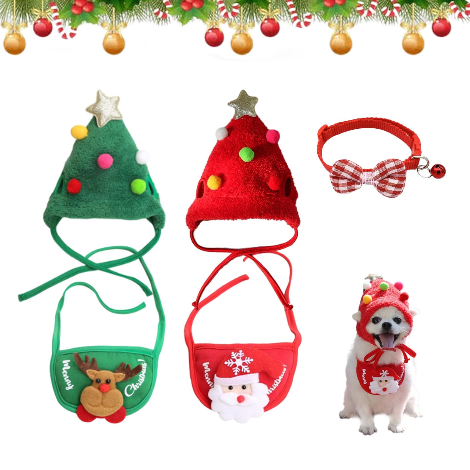 Adorable Christmas Tree Pom-Pom Hat, Funny Soft Pet Hat for Dogs Party Plush Headgear, Pet Christmas Hat, for Pets Dog Cat Xmas Costume Set (B*2, S)