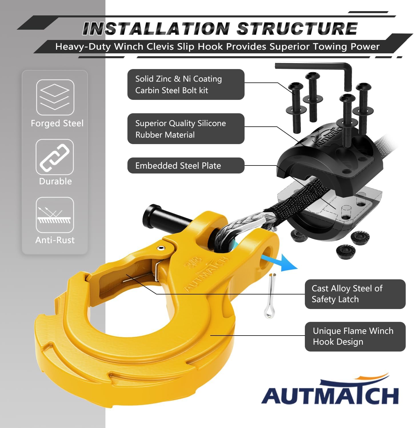 AUTMATCH 3/8" Winch Hook and Winch Snatch Block Pulley 18 Ton, Max 79,366Lbs Break Strength, Heavy Duty Off Road Recovery Towing Pulley Blocks Winch Rope, ATV, UTV, Truck, Yellow