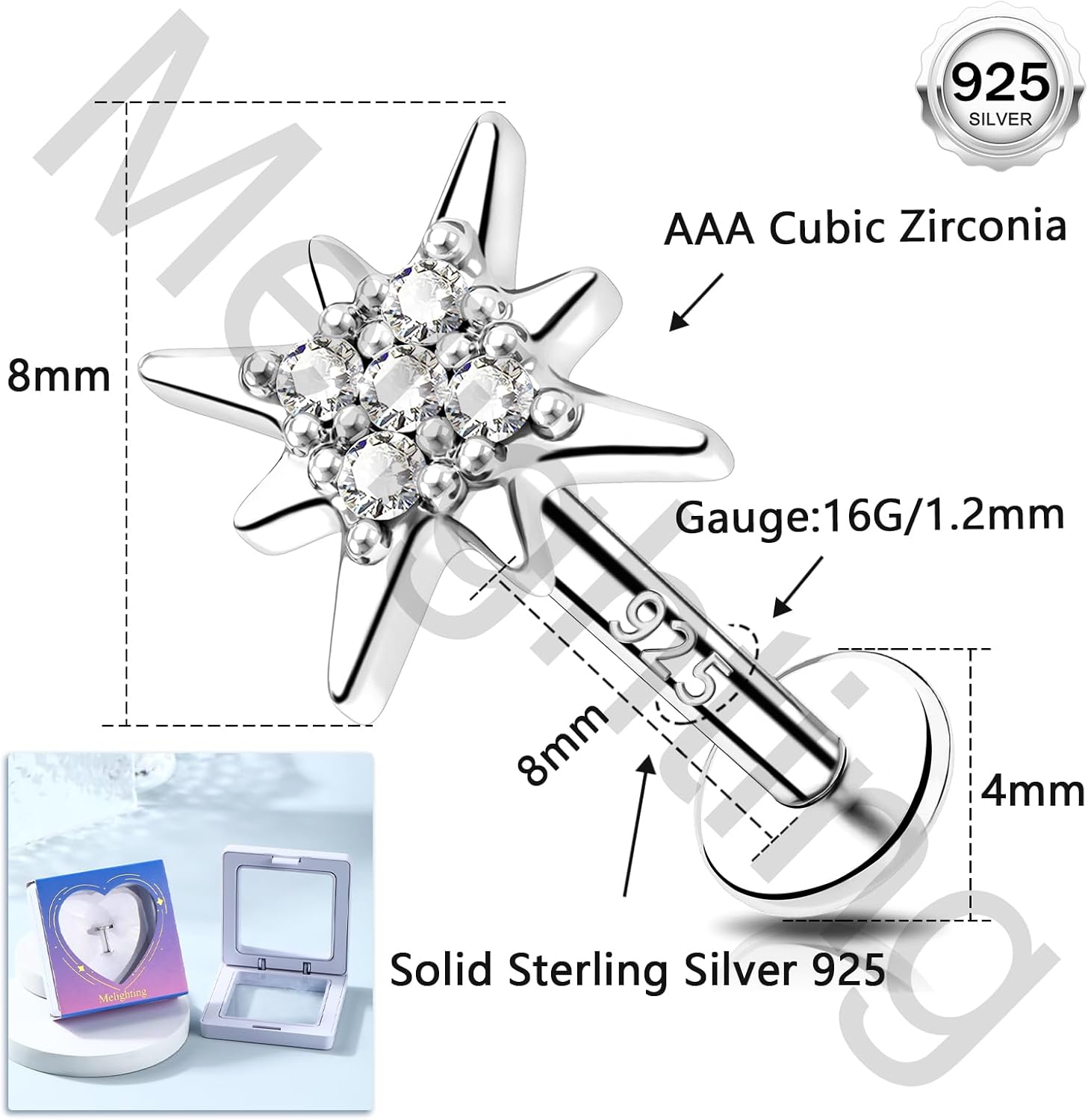 Melighting 16G Sterling Silver 925 Cartilage Earring, Internally Threaded Helix Piercing Jewelry, Dog Paw Flower Star Clear CZ Flat Back Tragus Lobe Conch Eyebrow Stud for Women 6/8 mm - Image 5