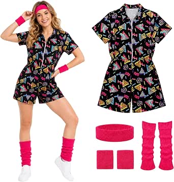 Women's 80s Retro Workout Jumpsuit Costume Set