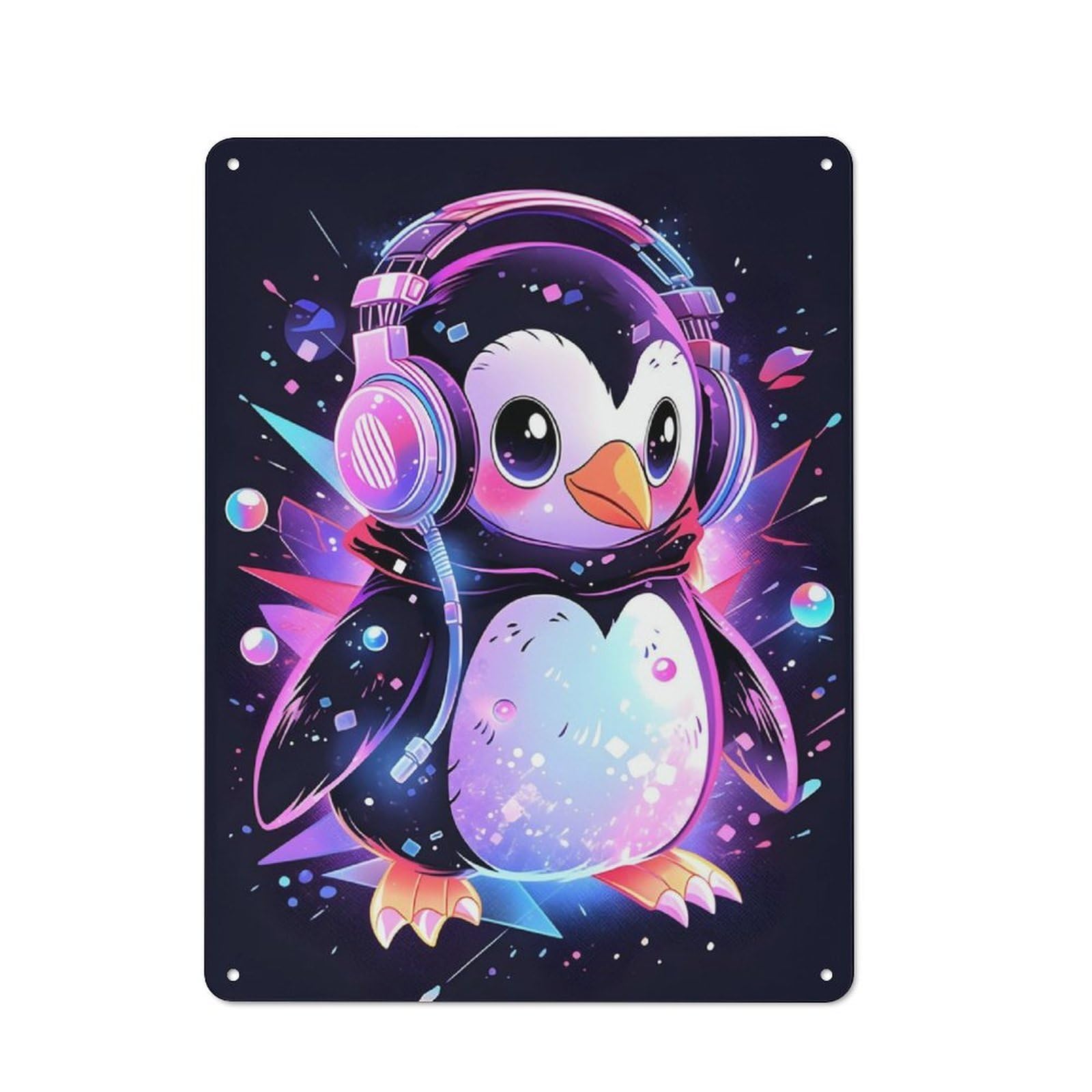 Junmoney Elegant Penguin Headphones Retro-Style Tin Sign 40X30cm Featuring For Home Bar Wall, For Garage, Workshop And Man Cave Decoration
