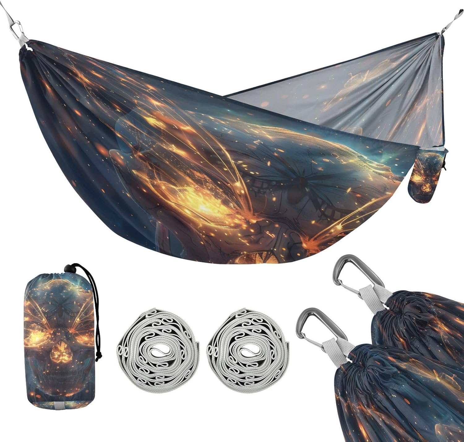 ALAZA Skull Betterfly Camping Hammocks Single or 2 Person 500 lbs Portable Parachute Travel Hammock w/Tree Straps for Hiking Backpacking Indoor Outdoor