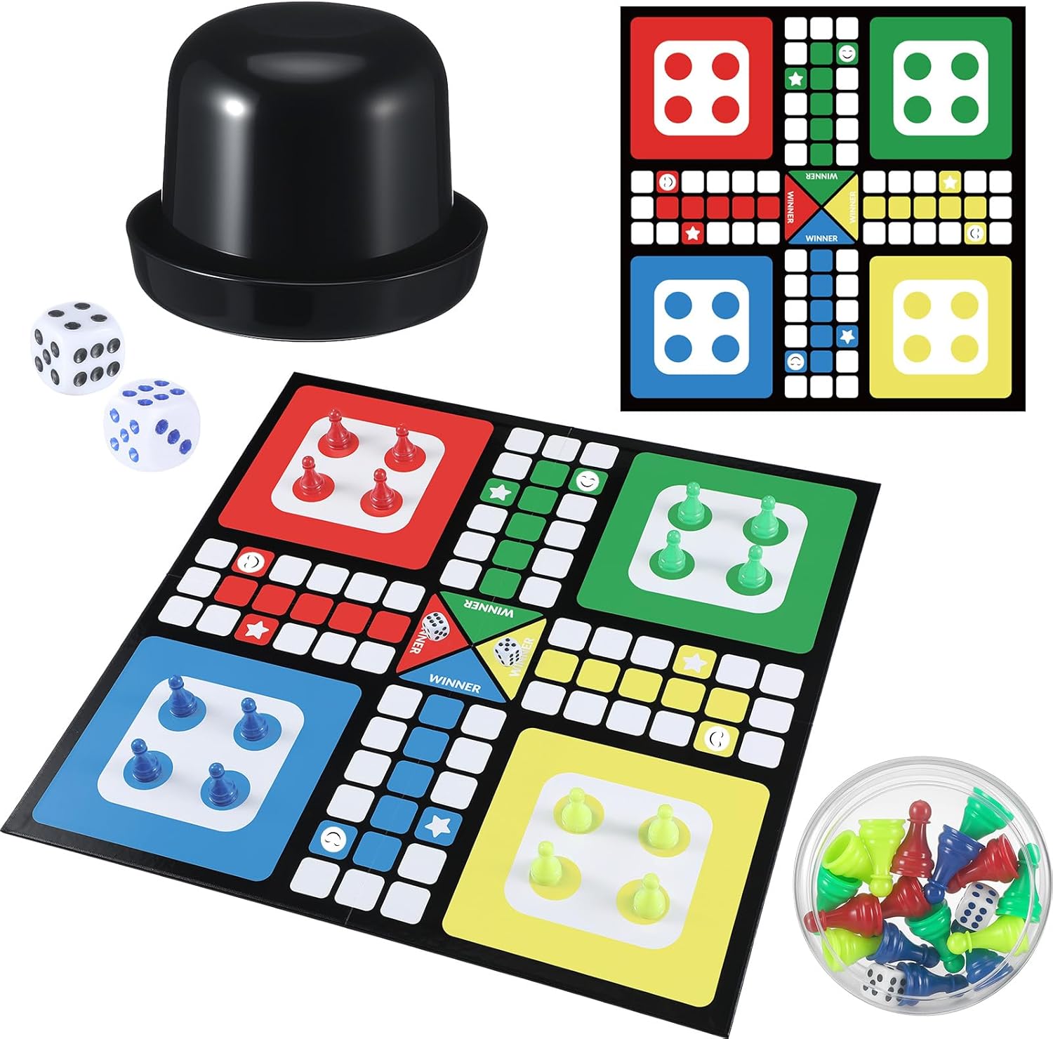 Soulchen Ludo Board Game Set Foldable Game Board with 16 Colorful Pawns, Dice Cup, 2 Dice & Storage Box Family for Travel, Party Events or Family Gatherings
