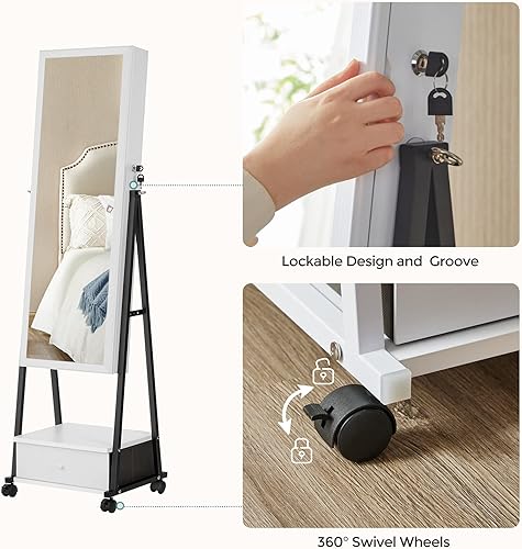 Miniatura 4 de SONGMICS UJJC004W01 - Organizador de joyas con cerradura con espejo de longitud completa cajón inferior estante ruedas armario de joyería idea de