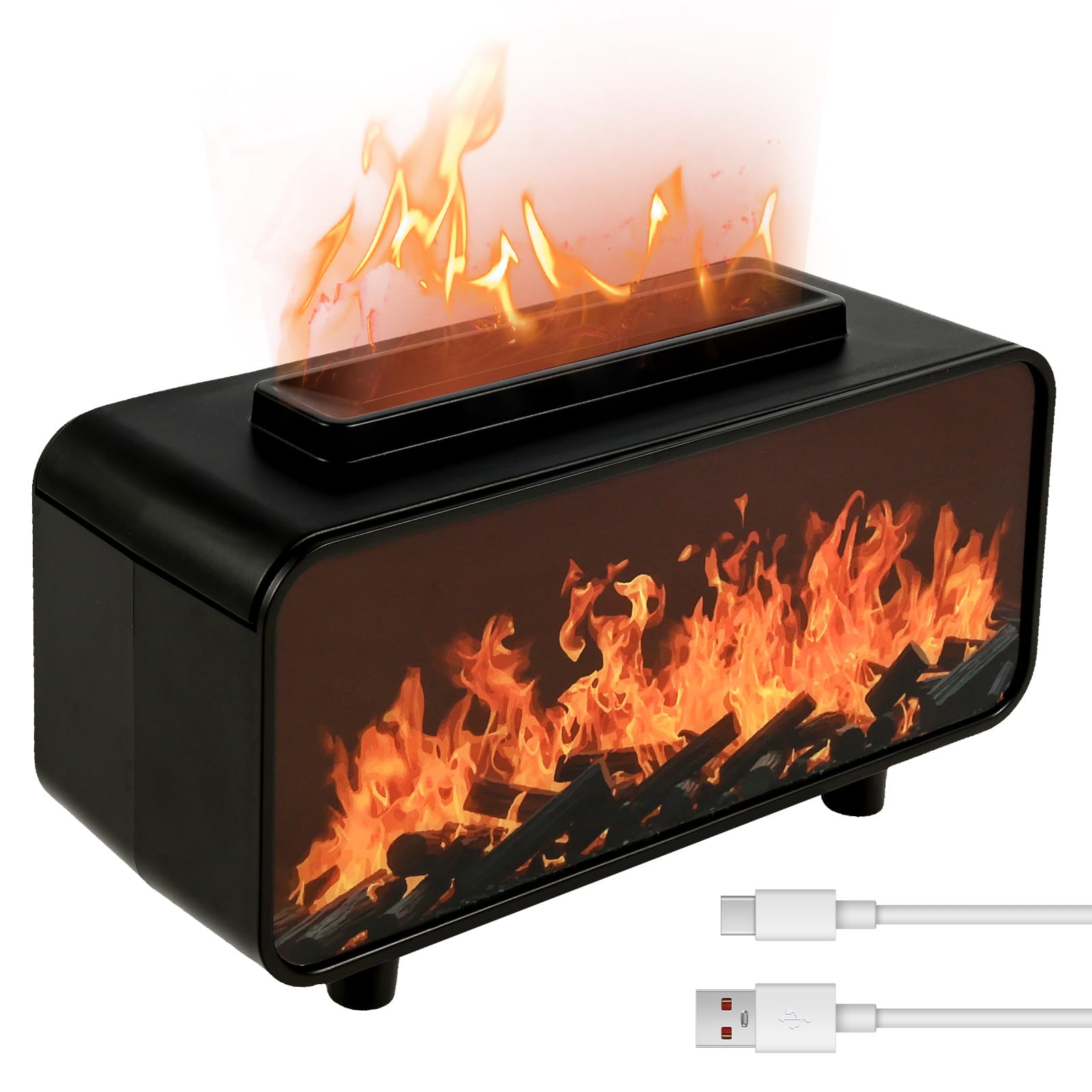 Ghshanog Balck Flame Diffuser Humidifier, Fireplace Essential Diffuser,200Ml Ultrasonic Mist Humidifier With Waterless Auto Off, 3D 7 Colors Firelight Flame Diffusers For Home Room Office