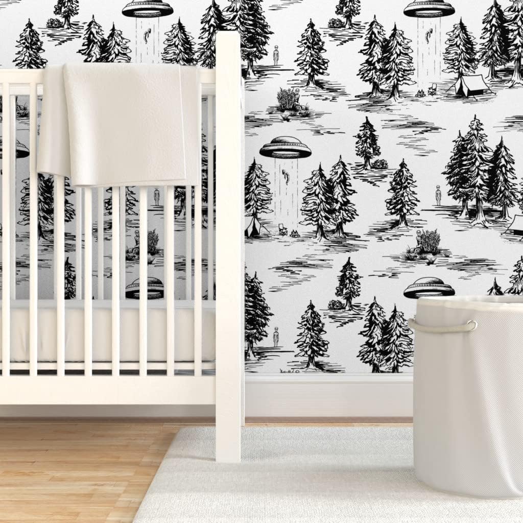 Spoonflower Removable Wallpaper 9ft x 2ft - UFO Whimsical Large Scale Black and White Space Alien Abduction Custom Pre-Pasted Wallpaper