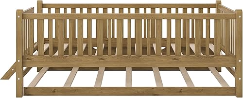 Miniatura 84 de Polibi Sofá cama de tamaño matrimonial, marcos de cama de día completo de madera con dos cajones y barandillas de seguridad para dormitorio, sala de