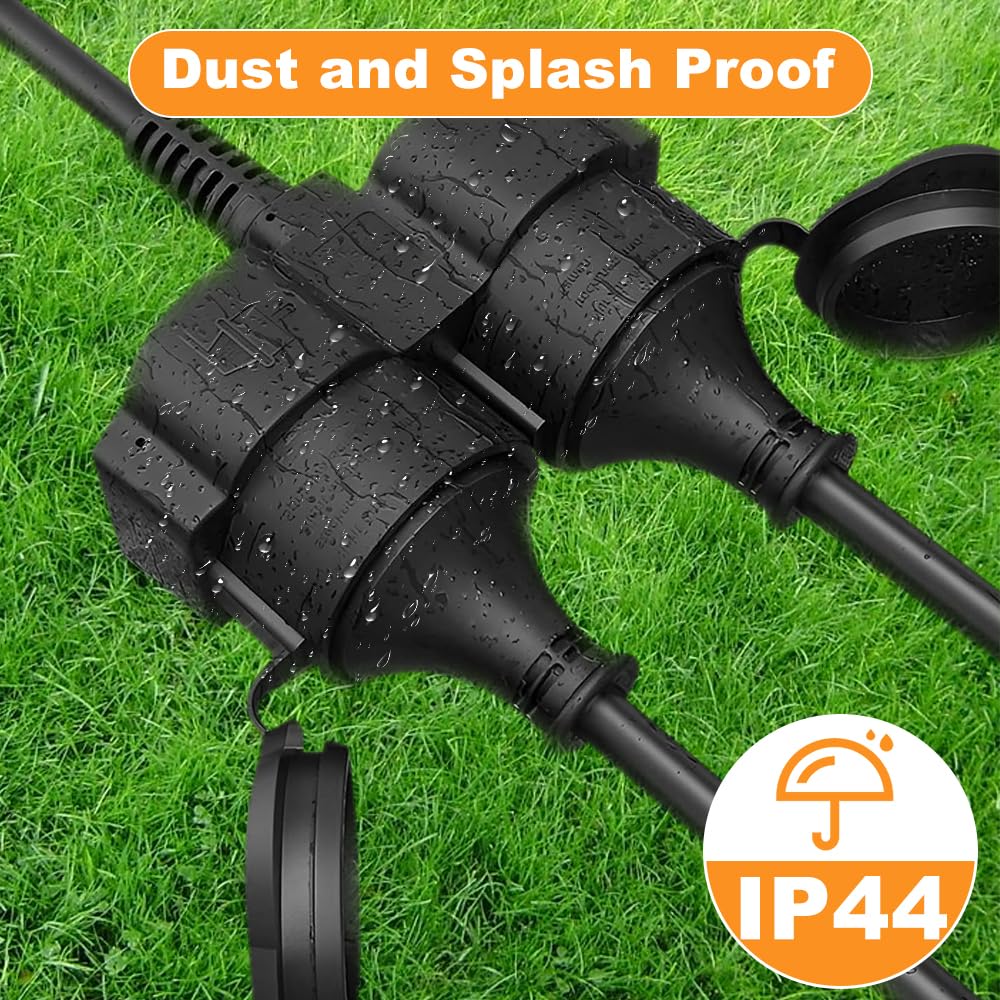 WSPIHO Verlengkabel met Schuko stopcontacten, 2 m, 16 A, 250 V, outdoor meervoudig stopcontact, IP44 waterdicht, dubbele stekker voor buiten, voor tuin, kantoor en thuis