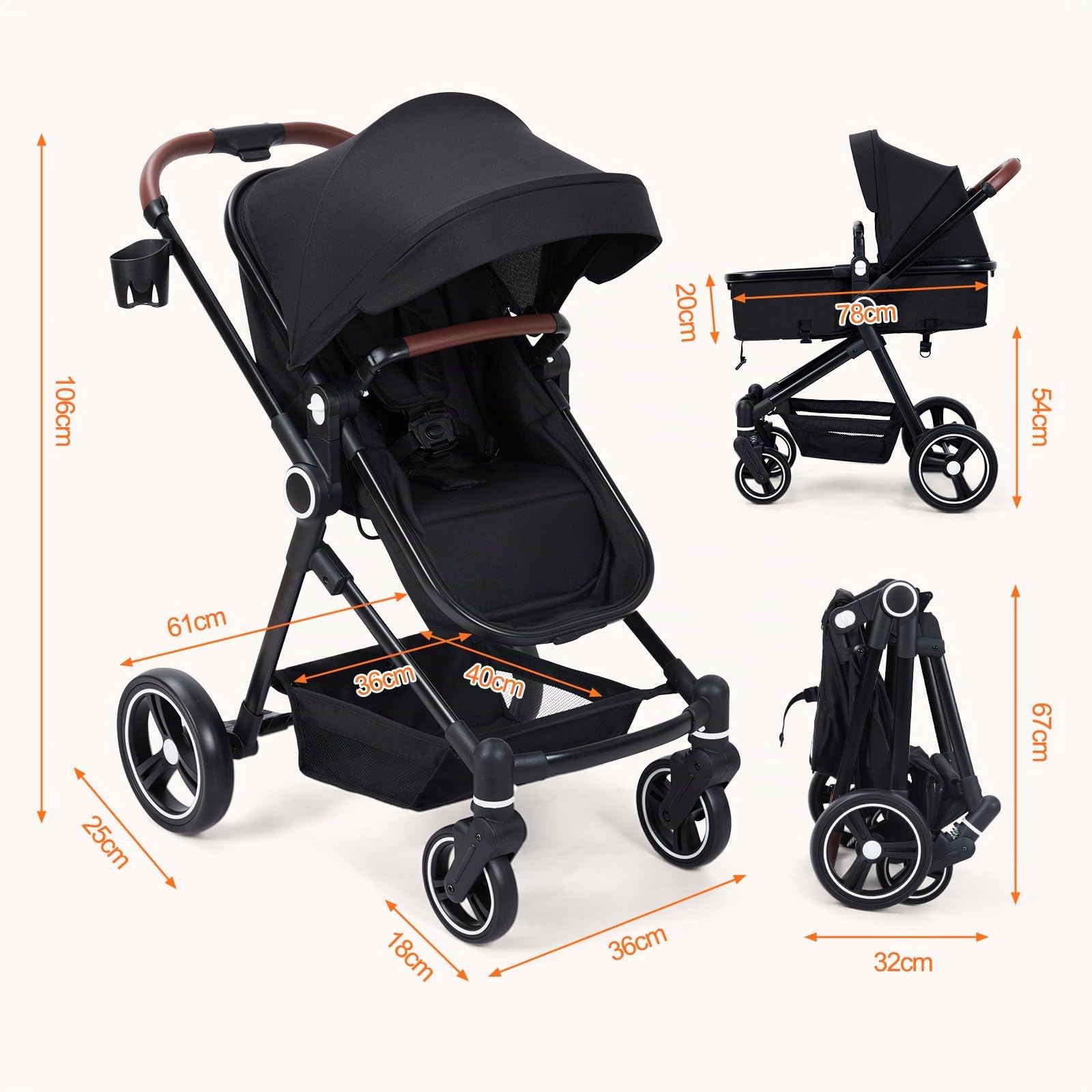 GarveeHome Cochecito De Bebé 2 En 1 Plegable Ligero Con Capazo Reversible y Ruedas Todo Terreno 0-36 Meses Aluminio