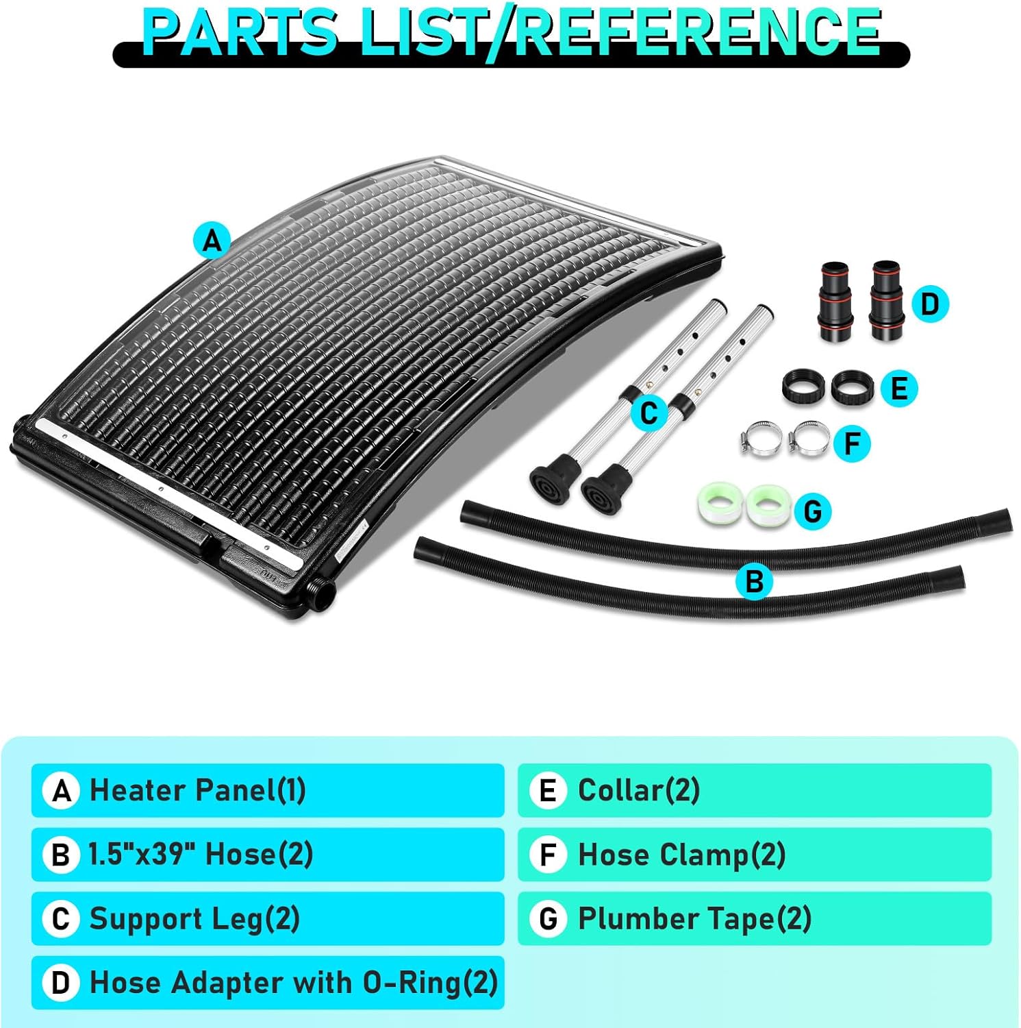 Pool Heater for Above Ground Pool, Solar Pool Warmer, Solar Water Heater with 2 Adapters, 2 Hoses & Clamps, 2 Plumbers Tape and Telescopic Legs