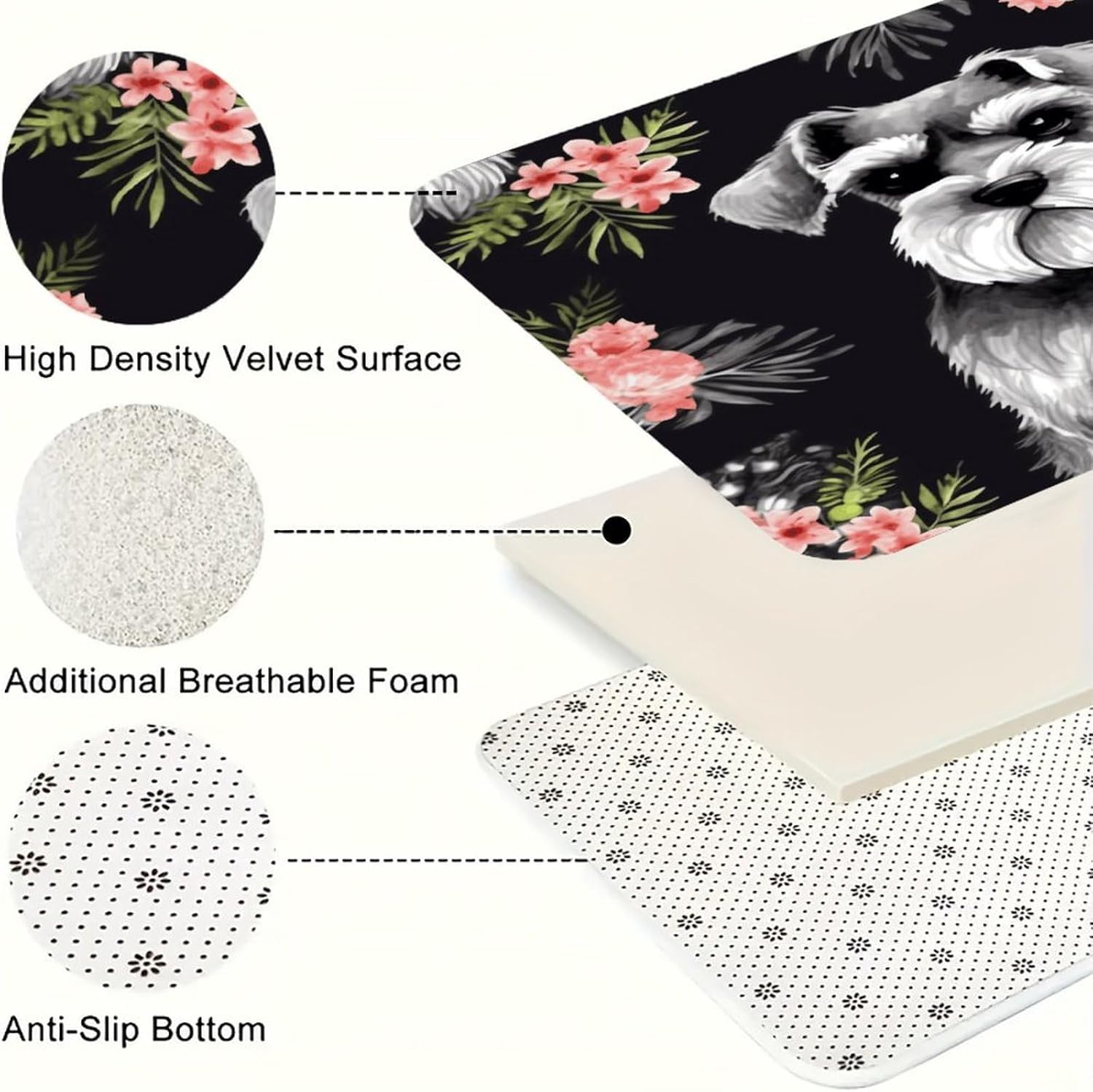 Schnauzer Kitchen Rugs Sets of 3 Non Slip Kitchen Mats for Floor Farmhouse Kitchen Sink Mat Thick Comfort Standing Mat for Laundry Room Hallway Bathroom