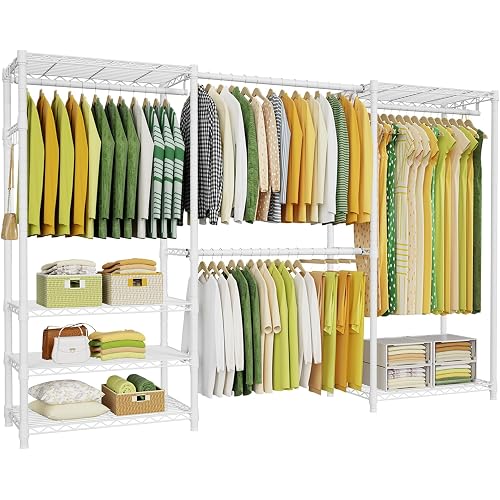 E1 Heavy Duty Closet Garment Rack, 6 Tiers Adjustable Metal Freestanding Expandable Clothing Storage with 4 Hanger Rods, Easy to Assemble Wardrobe, 71.4" H x (70" - 88.2") L x 14" D, White