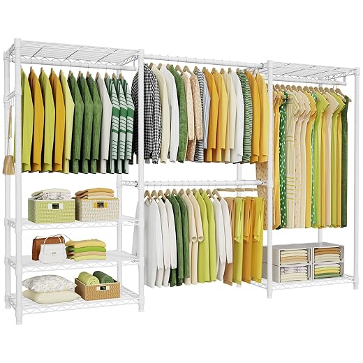 Ulif E1 Heavy Duty Closet Garment Rack, 6 Tiers Adjustable Metal Freestanding Expandable Clothing Storage with 4 Hanger Rods, Easy to Assemble Wardrobe, 71.2" H x (69.6" - 86.6") L x 14" D, White