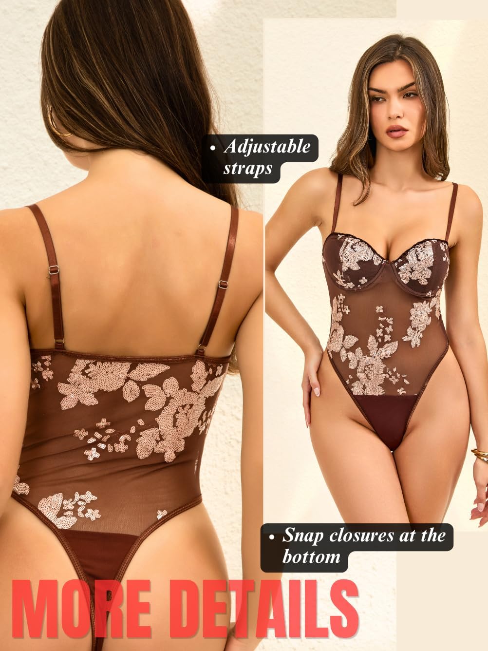 ChiaoLezhee Sequin Bodysuit For Women, Sheer Mesh High Cut, Sexy Outfit Going Out Club Tank Tops Thong Sparkly Beaded Concert