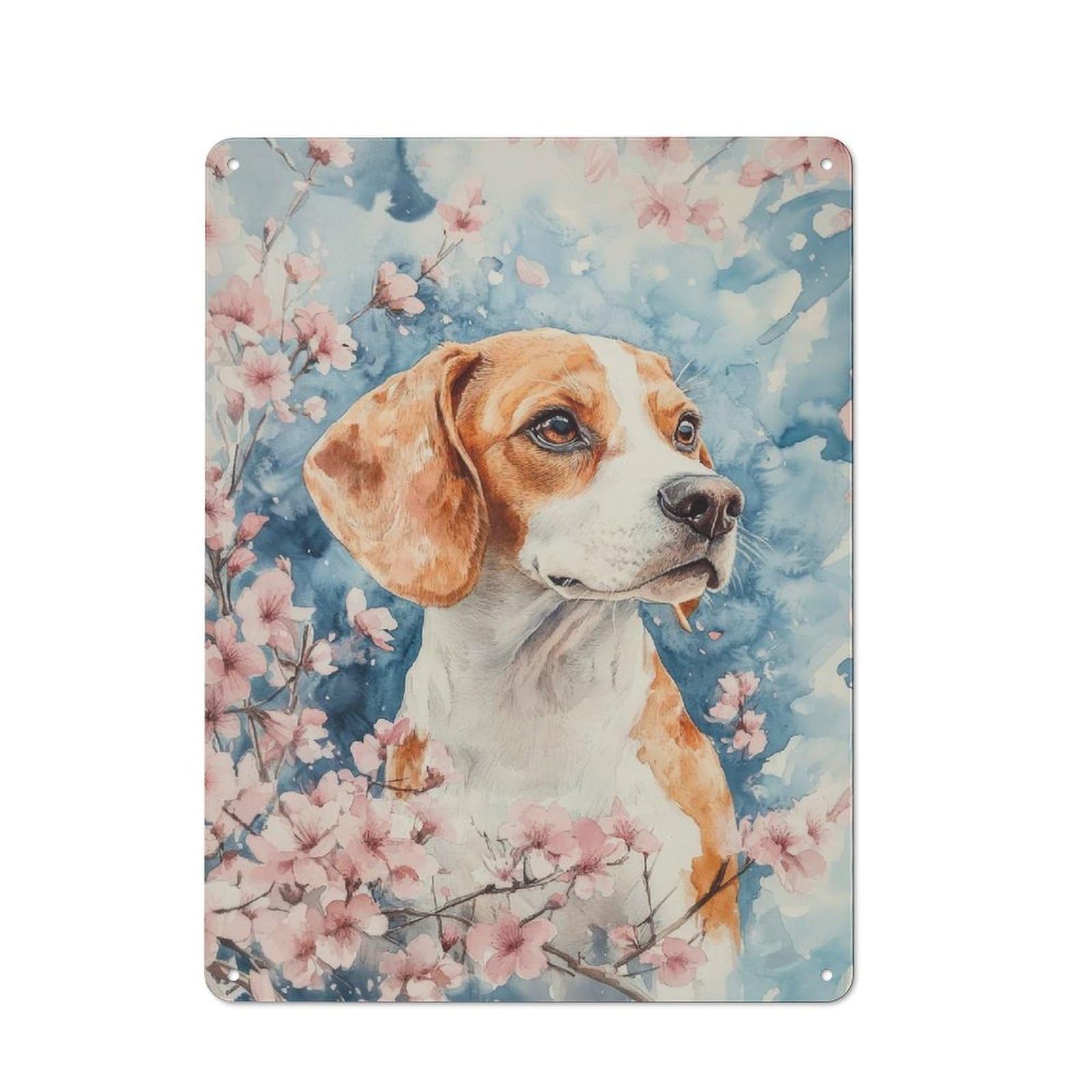 Junmoney Beagle Dog With Cherry Blossoms Watercolor F Loral Beagle Poster Vintage Tin Sign 40X30cm For Guest Room Or Hallway, Suited To Home Decor Collectors