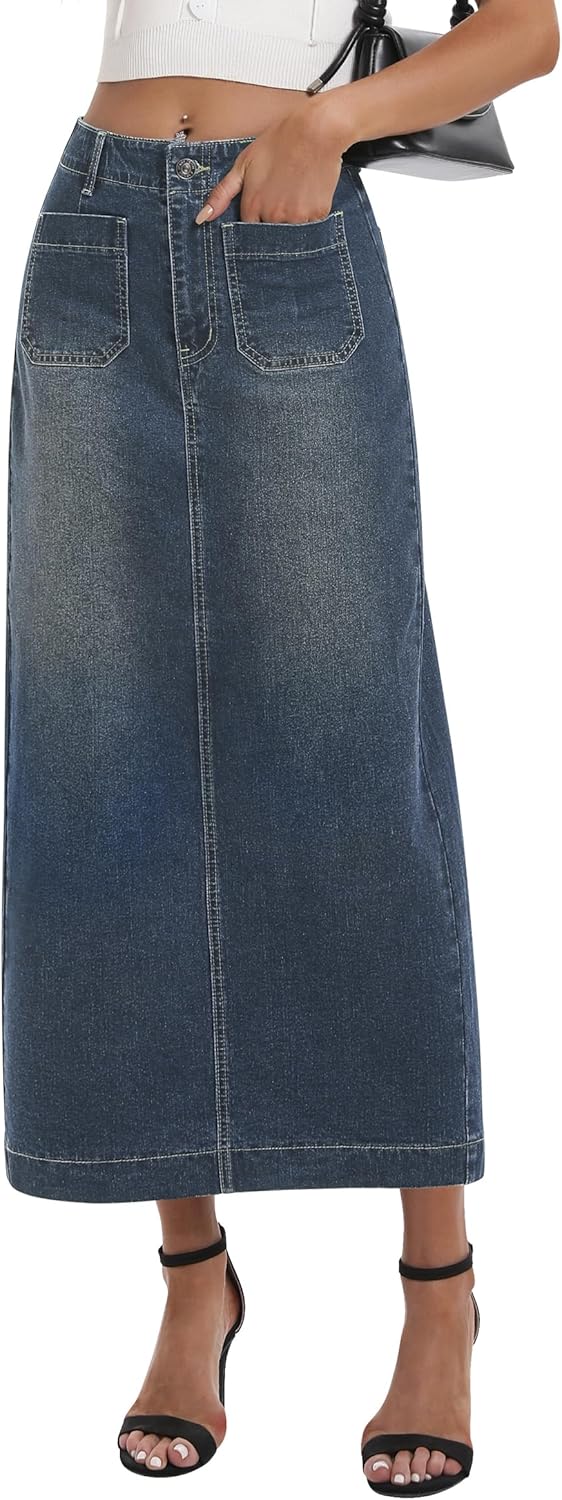 Long Denim Skirt for Women Stretch Maxi Skirt with Back Slit High Waisted Jean Skirts with Pockets Casual Vintage Blue