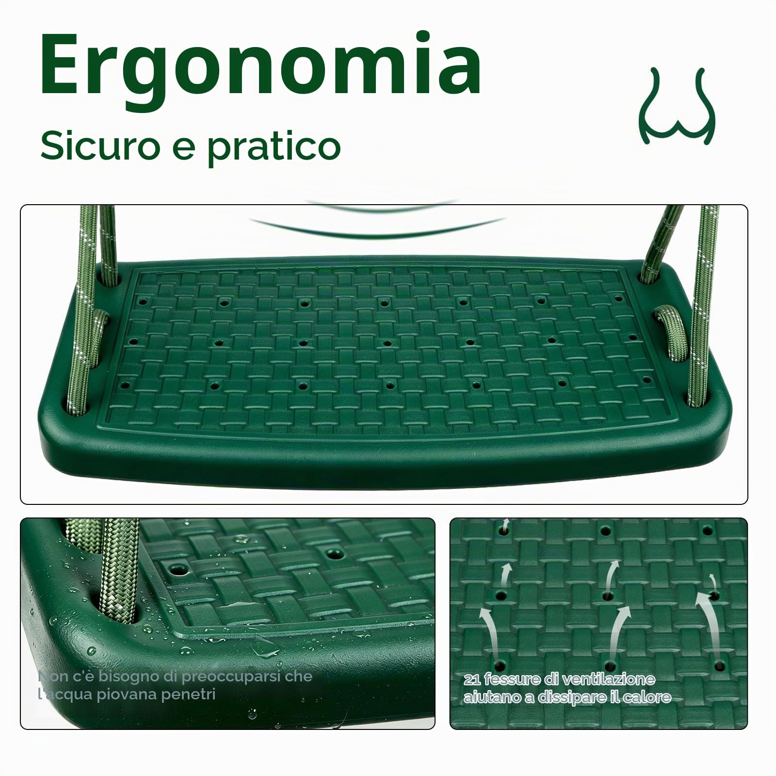 Altalena per esterni, in plastica antiscivolo, con corda regolabile (1,3 m-2 m) e 2 moschettoni, altalena da giardino, per adolescenti/adulti, verde, 100 kg